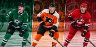 Zach Werenski trade rumors graphic showing him in Dallas Stars, Philadelphia Flyers and Carolina Hurricanes jerseys as potential fits from the Columbus Blue Jackets.