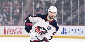 Adam Fantilli skating for the Columbus Blue Jackets as contract rumors suggest his next deal could exceed a $14 million AAV.
