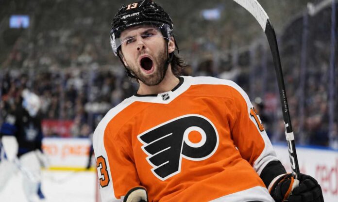 Adam Fantilli wearing a Philadelphia Flyers home jersey amid rumors he could become the Flyers’ next offer-sheet target.