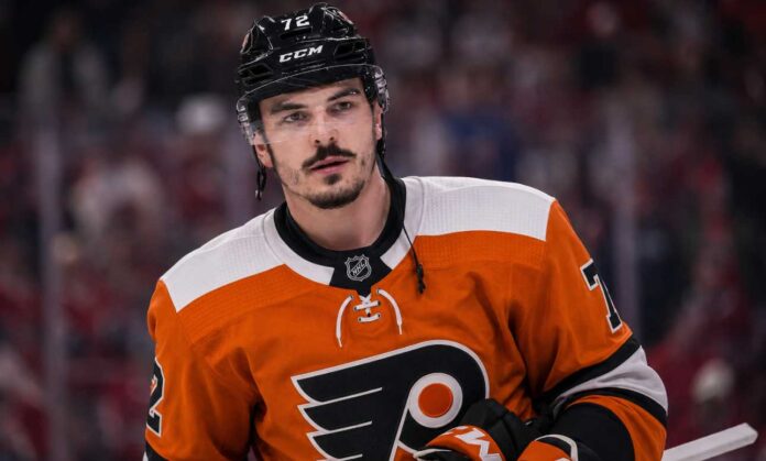arber-xhekaj-flyers-canadiens-trade-rumor Arber Xhekaj wearing a Philadelphia Flyers home jersey amid NHL trade rumors involving the Montreal Canadiens.