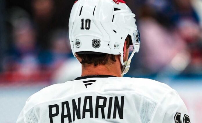 artemi-panarin-los-angeles-kings-fantasy-hockey-projection-2026-27 Artemi Panarin looking down the ice as he hopes to improve on his 2026-27 fantasy hockey point projection.