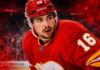 Morgan Frost in a Calgary Flames jersey amid NHL trade rumors as Calgary listens to offers for the centre