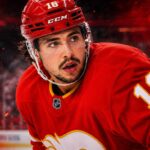 Morgan Frost in a Calgary Flames jersey amid NHL trade rumors as Calgary listens to offers for the centre