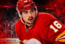 Morgan Frost in a Calgary Flames jersey amid NHL trade rumors as Calgary listens to offers for the centre