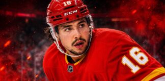 Morgan Frost in a Calgary Flames jersey amid NHL trade rumors as Calgary listens to offers for the centre