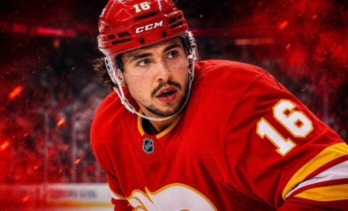 Morgan Frost in a Calgary Flames jersey amid NHL trade rumors as Calgary listens to offers for the centre