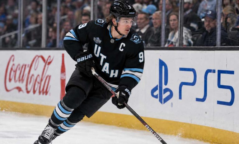 Clayton Keller skating in a Utah Mammoth home jersey during a 2026-27 fantasy hockey projection predicting 30 goals, 65 assists and 95 points.