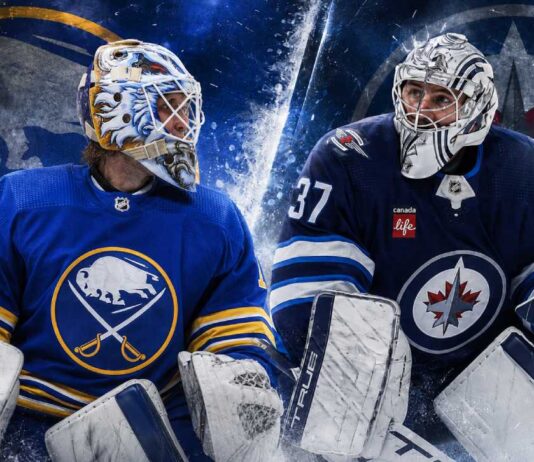 What Will It Cost the Buffalo Sabres to Trade for Connor Hellebuyck? Ukko-Pekka Luukkonen and Connor Hellebuyck featured in Buffalo Sabres and Winnipeg Jets trade rumor graphic