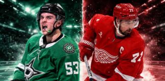 Wyatt Johnston of the Dallas Stars and Dylan Larkin of the Detroit Red Wings featured in a split image amid NHL trade rumors.