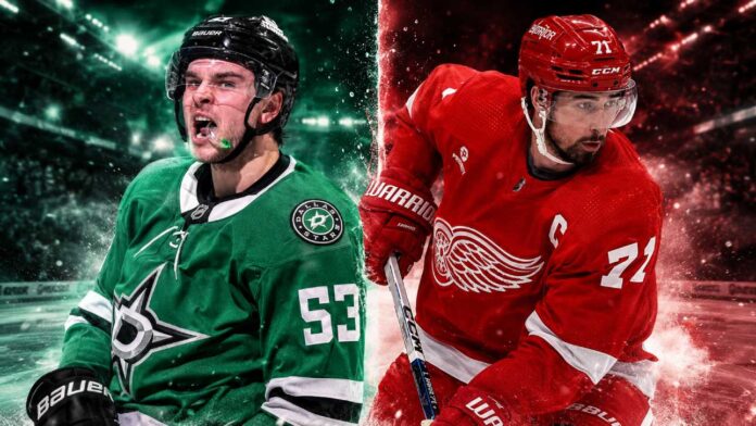 dylan-larkin-dallas-stars-wyatt-johnston-trade-rumor Wyatt Johnston of the Dallas Stars and Dylan Larkin of the Detroit Red Wings featured in a split image amid NHL trade rumors.