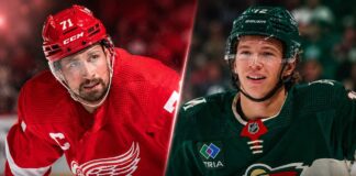 Dylan Larkin and Matt Boldy split image for Detroit Red Wings and Minnesota Wild trade rumor analysis