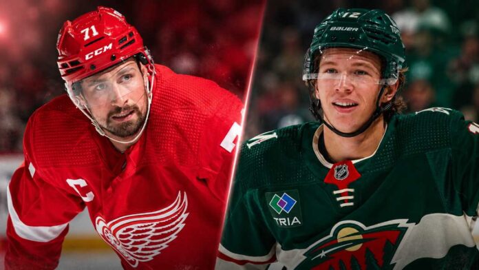 dylan-larkin-matt-boldy-red-wings-wild-trade-rumor Dylan Larkin and Matt Boldy split image for Detroit Red Wings and Minnesota Wild trade rumor analysis