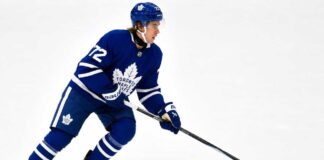 Gavin McKenna skating in a Toronto Maple Leafs home uniform for his 2026-27 NHL Fantasy Hockey rookie projection.