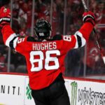 Jack Hughes Point Projections 2026-27: Can the Devils Star Reach 100 Points? Jack Hughes celebrates a goal for the New Jersey Devils ahead of his 2026-27 Fantasy Hockey point projection.
