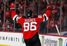 Jack Hughes celebrates a goal for the New Jersey Devils ahead of his 2026-27 Fantasy Hockey point projection.
