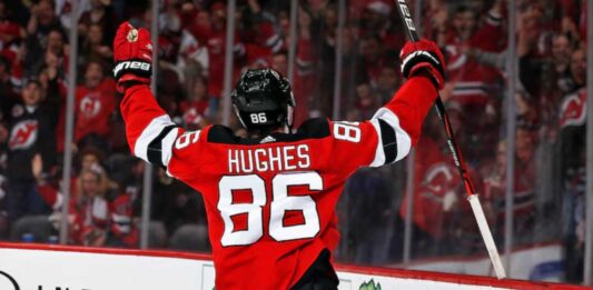 Jack Hughes Point Projections 2026-27: Can the Devils Star Reach 100 Points? Jack Hughes celebrates a goal for the New Jersey Devils ahead of his 2026-27 Fantasy Hockey point projection.
