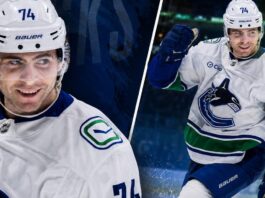 Jake DeBrusk in a Vancouver Canucks uniform featured in a split-image graphic amid NHL trade rumors and reported payroll cuts.