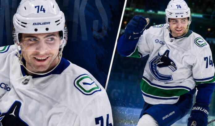 jake-debrusk-vancouver-canucks-trade-rumors-payroll-cut Jake DeBrusk in a Vancouver Canucks uniform featured in a split-image graphic amid NHL trade rumors and reported payroll cuts.