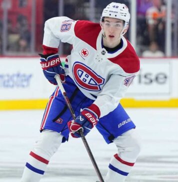 Lane Hutson skating for the Montreal Canadiens during a game ahead of his 2026-27 Fantasy Hockey point projection.