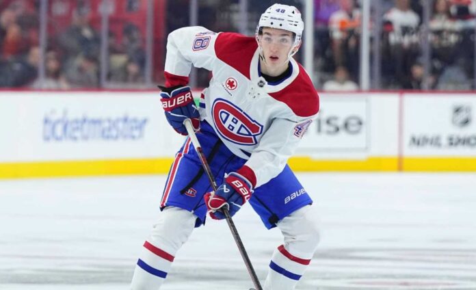 Lane Hutson skating for the Montreal Canadiens during a game ahead of his 2026-27 Fantasy Hockey point projection.