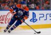 Leon Draisaitl Point Projections 2026-27: Can He Reach 120 Points? Leon Draisaitl skating in an Edmonton Oilers home jersey during his projected 119-point 2026-27 fantasy hockey season
