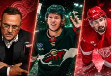 Steve Yzerman Steps Aside as Dylan Larkin Trade Decision Looms for Detroit Red Wings Three-way NHL trade rumor graphic tied to the Detroit Red Wings, Minnesota Wild, Dylan Larkin, Matt Boldy, and Steve Yzerman’s front-office transition.