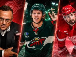 Steve Yzerman Steps Aside as Dylan Larkin Trade Decision Looms for Detroit Red Wings Three-way NHL trade rumor graphic tied to the Detroit Red Wings, Minnesota Wild, Dylan Larkin, Matt Boldy, and Steve Yzerman’s front-office transition.