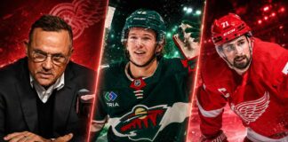Three-way NHL trade rumor graphic tied to the Detroit Red Wings, Minnesota Wild, Dylan Larkin, Matt Boldy, and Steve Yzerman’s front-office transition.
