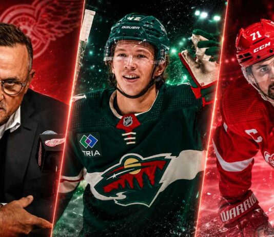 Steve Yzerman Steps Aside as Dylan Larkin Trade Decision Looms for Detroit Red Wings Three-way NHL trade rumor graphic tied to the Detroit Red Wings, Minnesota Wild, Dylan Larkin, Matt Boldy, and Steve Yzerman’s front-office transition.