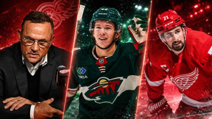 matt-boldy-dylan-larkin-red-wings-wild-trade-rumors Three-way NHL trade rumor graphic tied to the Detroit Red Wings, Minnesota Wild, Dylan Larkin, Matt Boldy, and Steve Yzerman’s front-office transition.