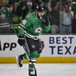 Mikko Rantanen Point Projections 2026-27: Can He Reach 100? Mikko Rantanen skating for the Dallas Stars during a game, featured in his 2026-27 fantasy hockey point projection.