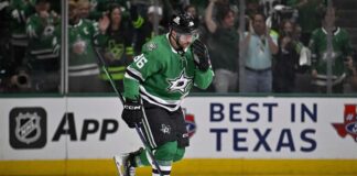 Mikko Rantanen skating for the Dallas Stars during a game, featured in his 2026-27 fantasy hockey point projection.
