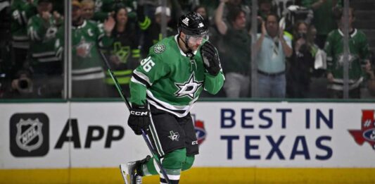 Mikko Rantanen Point Projections 2026-27: Can He Reach 100? Mikko Rantanen skating for the Dallas Stars during a game, featured in his 2026-27 fantasy hockey point projection.