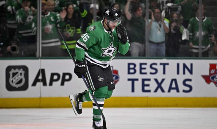 mikko-rantanen-dallas-stars-fantasy-hockey-projection-2026-27 Mikko Rantanen skating for the Dallas Stars during a game, featured in his 2026-27 fantasy hockey point projection.