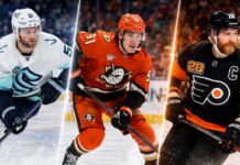 Shane Wright, Leo Carlsson and Claude Giroux featured in a split image highlighting the latest NHL news, trade rumors and free-agent updates.