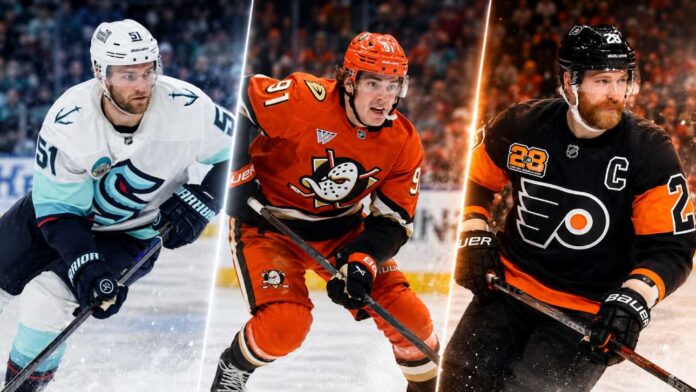 nhl-news-july-4-2026 Shane Wright, Leo Carlsson and Claude Giroux featured in a split image highlighting the latest NHL news, trade rumors and free-agent updates.