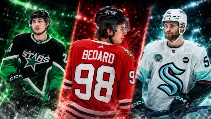 nhl-news-rumors-july-10-2026 Jason Robertson, Connor Bedard and Shane Wright featured in a three-way NHL news graphic covering contract talks, injury updates and trade rumors.