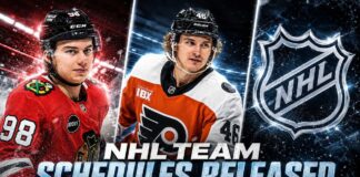 Connor Bedard, Trevor Zegras and the NHL logo featured in an NHL News graphic announcing the release of the 2026-27 team schedules.