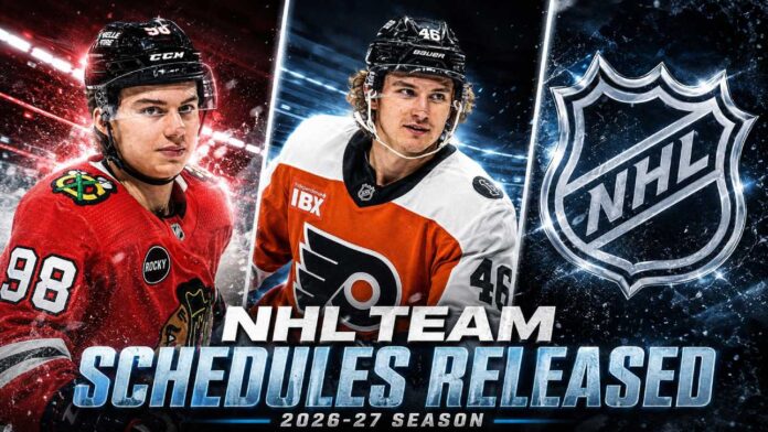 Connor Bedard, Trevor Zegras and the NHL logo featured in an NHL News graphic announcing the release of the 2026-27 team schedules.