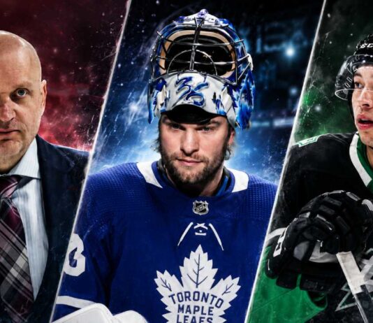 NHL News Today: Jack Campbell Retires as Jason Robertson Deadline Looms Derek Lalonde, Jack Campbell in a Toronto Maple Leafs jersey, and Jason Robertson in a Dallas Stars jersey featured in the latest NHL news.