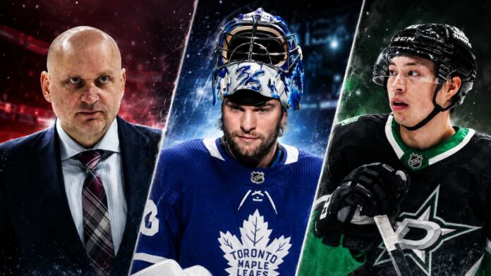 nhl-news-rumors-july-20-2026 Derek Lalonde, Jack Campbell in a Toronto Maple Leafs jersey, and Jason Robertson in a Dallas Stars jersey featured in the latest NHL news.