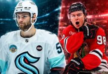 Shane Wright of the Seattle Kraken and Connor Bedard of the Chicago Blackhawks featured in a split image for the latest NHL news and trade rumors.