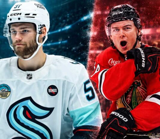 NHL News Today: Bedard Targets Playoffs as Wright and Hellebuyck Rumors Build Shane Wright of the Seattle Kraken and Connor Bedard of the Chicago Blackhawks featured in a split image for the latest NHL news and trade rumors.