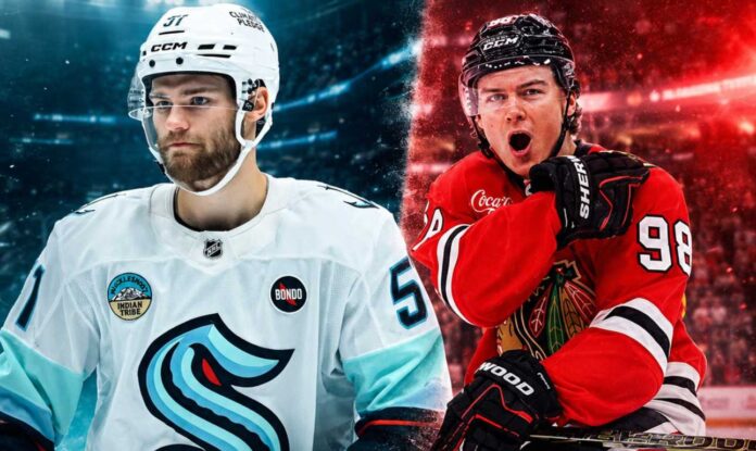 nhl-news-rumors-july-21-2026 Shane Wright of the Seattle Kraken and Connor Bedard of the Chicago Blackhawks featured in a split image for the latest NHL news and trade rumors.