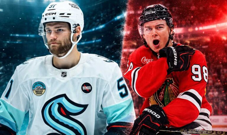 Shane Wright of the Seattle Kraken and Connor Bedard of the Chicago Blackhawks featured in a split image for the latest NHL news and trade rumors.
