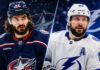 NHL News Today: Nikita Kucherov Contract Update as Marchenko Trade Rumors Intensify Kirill Marchenko of the Columbus Blue Jackets and Nikita Kucherov of the Tampa Bay Lightning featured in a split image for the latest NHL News and trade rumors.