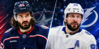 Kirill Marchenko of the Columbus Blue Jackets and Nikita Kucherov of the Tampa Bay Lightning featured in a split image for the latest NHL News and trade rumors.