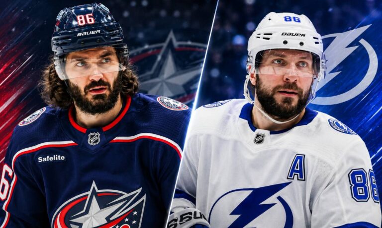 Kirill Marchenko of the Columbus Blue Jackets and Nikita Kucherov of the Tampa Bay Lightning featured in a split image for the latest NHL News and trade rumors.