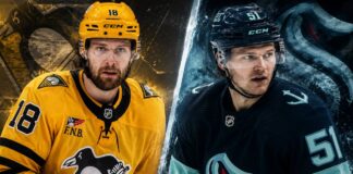 Tommy Novak and Shane Wright featured in a split image for the latest NHL News, Penguins contract update and Rangers-Kraken trade rumors