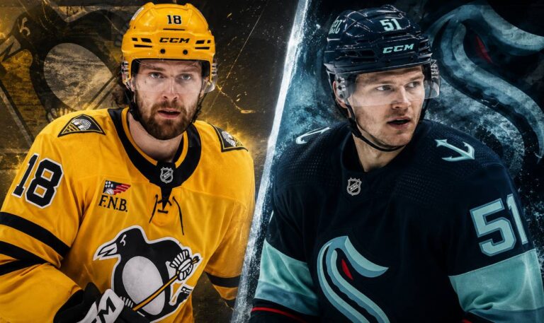 Tommy Novak and Shane Wright featured in a split image for the latest NHL News, Penguins contract update and Rangers-Kraken trade rumors